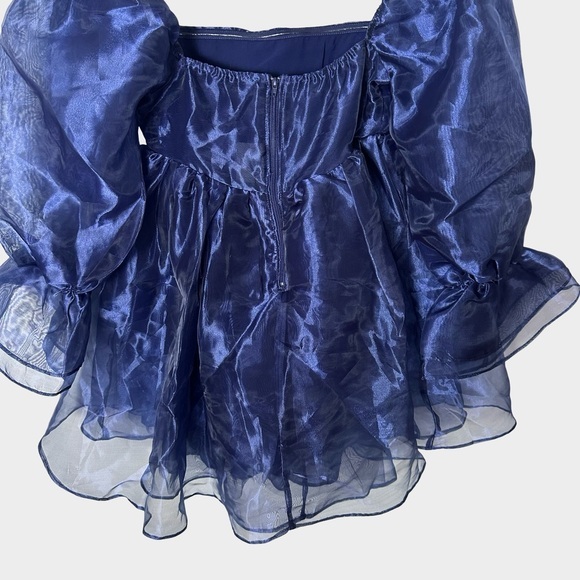 Windsor Navy Organza Puff Sleeve Babydoll Mini Dress XS Fairy Coquette Milkmaid - Picture 10 of 11